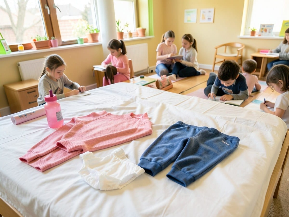 white bed sheet displays a casual arrangement of clothing items, including a pink sweater, blue sweatpants, a white diaper, and a pink bottle.