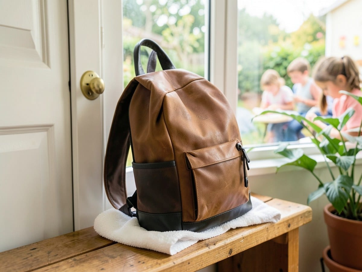 tan leather backpack with black accents and a white towel rests on a wooden bench, backed by a white door and a green plant, with a blurred garden visible through the window.