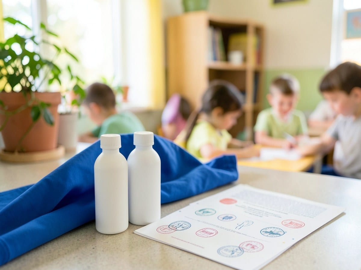 blue shirt, white bottles, and a sheet of paper with stamps are arranged on a kitchen counter, with a blurred background of plants and a cabinet.