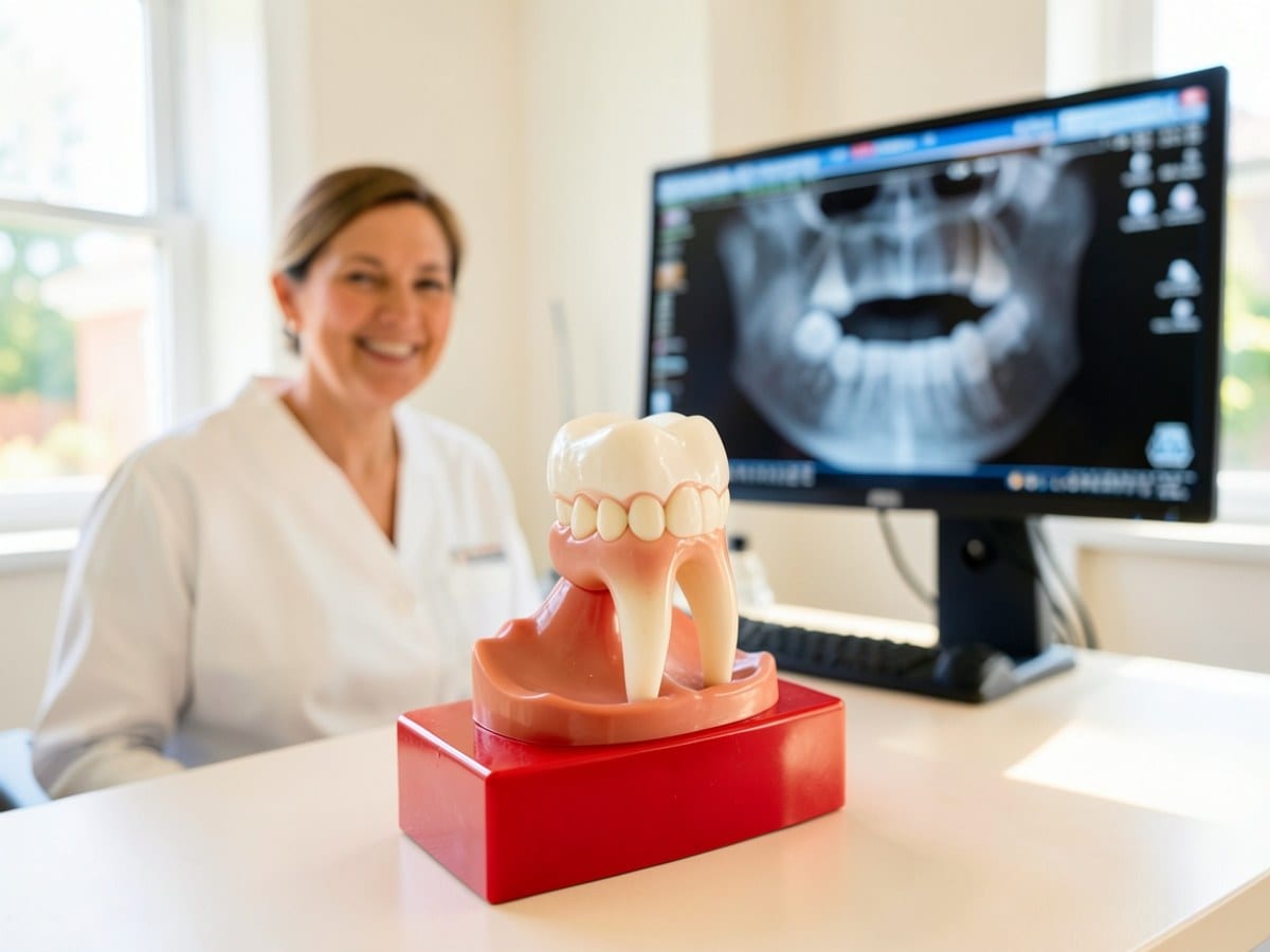 dental model of a tooth and dental crown is held in a red plastic holder, with a digital x-ray image displayed on a computer screen in the background
