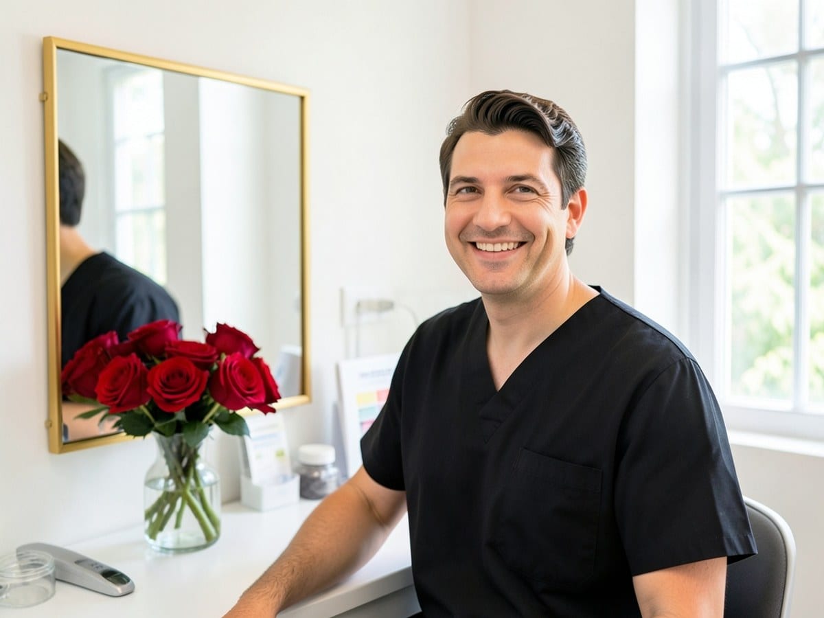 man in a black scrub top smiles warmly in a well-lit room, with a gold-framed mirror and a bouquet of red roses on his desk