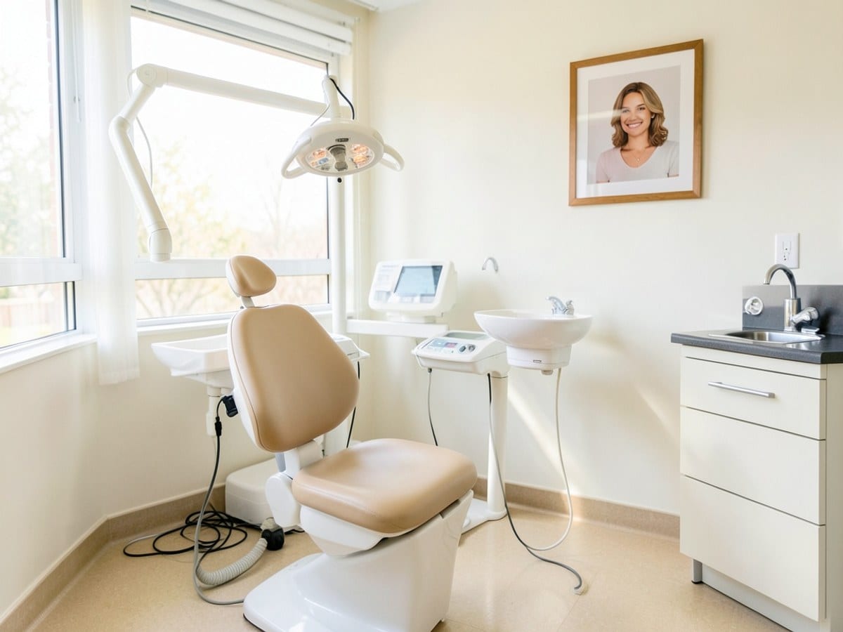 beige dental chair sits amidst dental equipment, including a light fixture, sink, and counter, with a framed picture of a woman on the wall