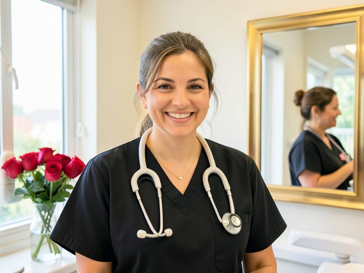 woman in a black scrubs top and white stethoscope around her neck smiles warmly in a dental office, with a gold-framed mirror and a vase of red roses nearby