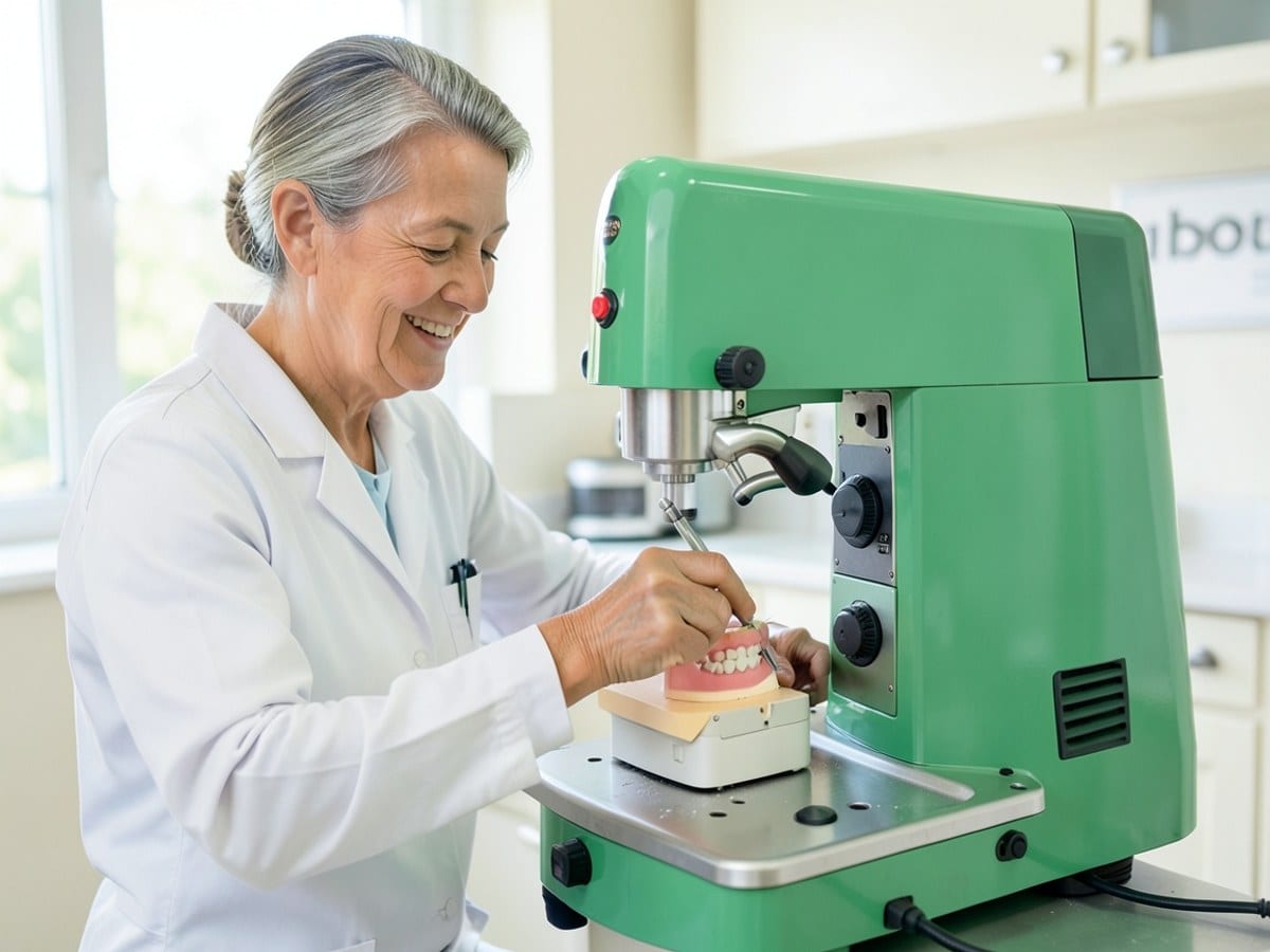 dental milling machine, painted green, operates on a dental prosthesis in a dental laboratory, skillfully carving away material with the dentist's control