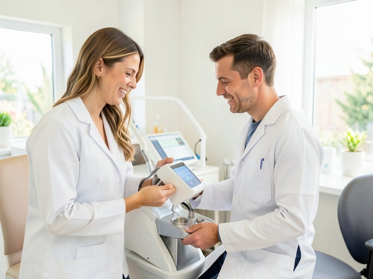 man demonstrates a dental treatment plan on a large screen, using a white and silver machine in a bright, modern clinic