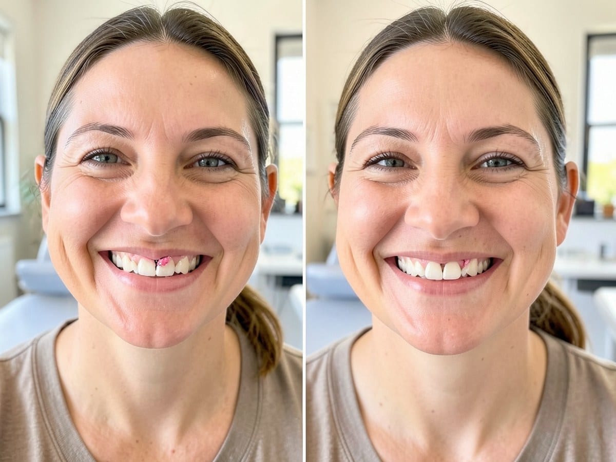before and after comparison of a person's teeth reveals a bright white smile, a cracked top tooth, and a repaired tooth with a pink healing surface