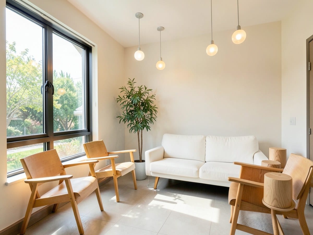 modern waiting room features a large window, wooden chairs, a white sofa, and round wooden lamps, with a plant in the center and hanging light fixtures