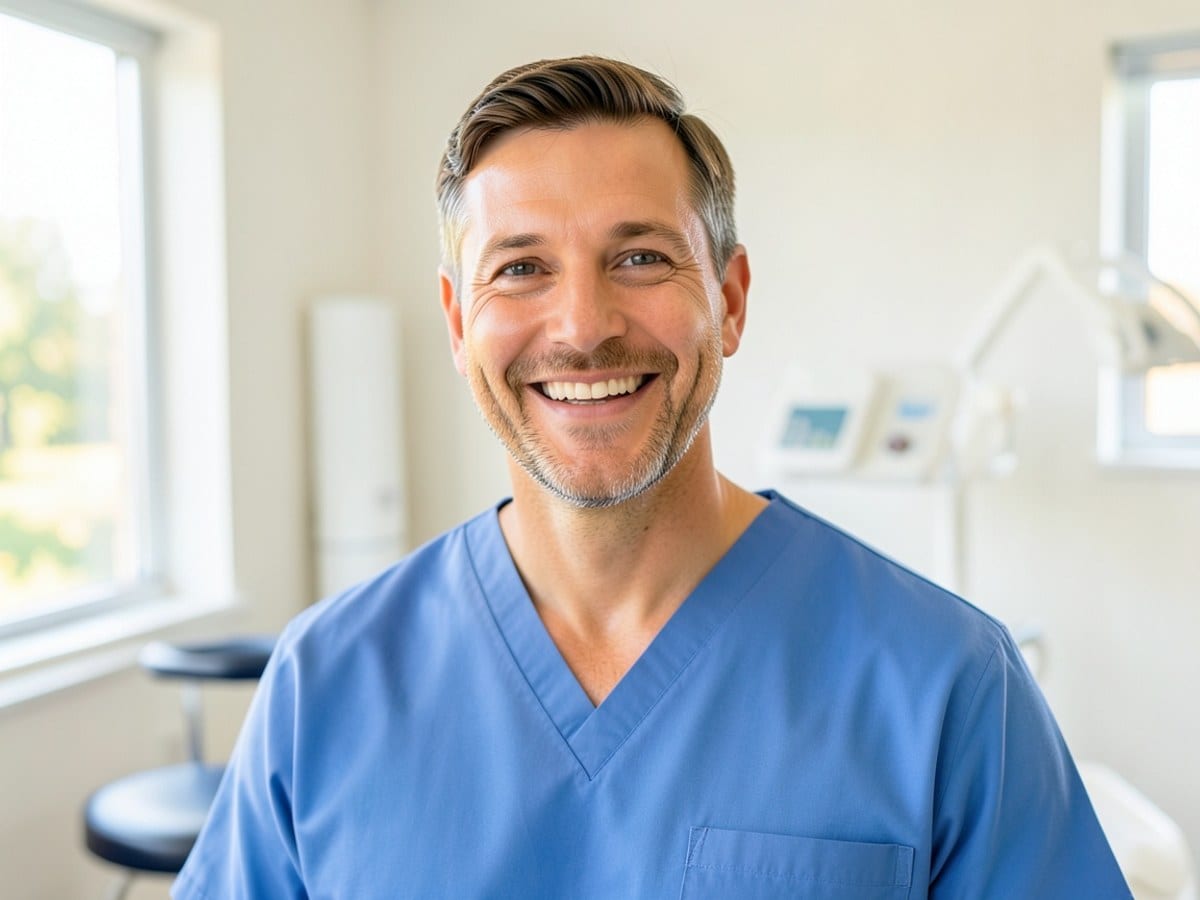 man in a blue medical scrub top smiles at the camera, displaying a clean and professional appearance