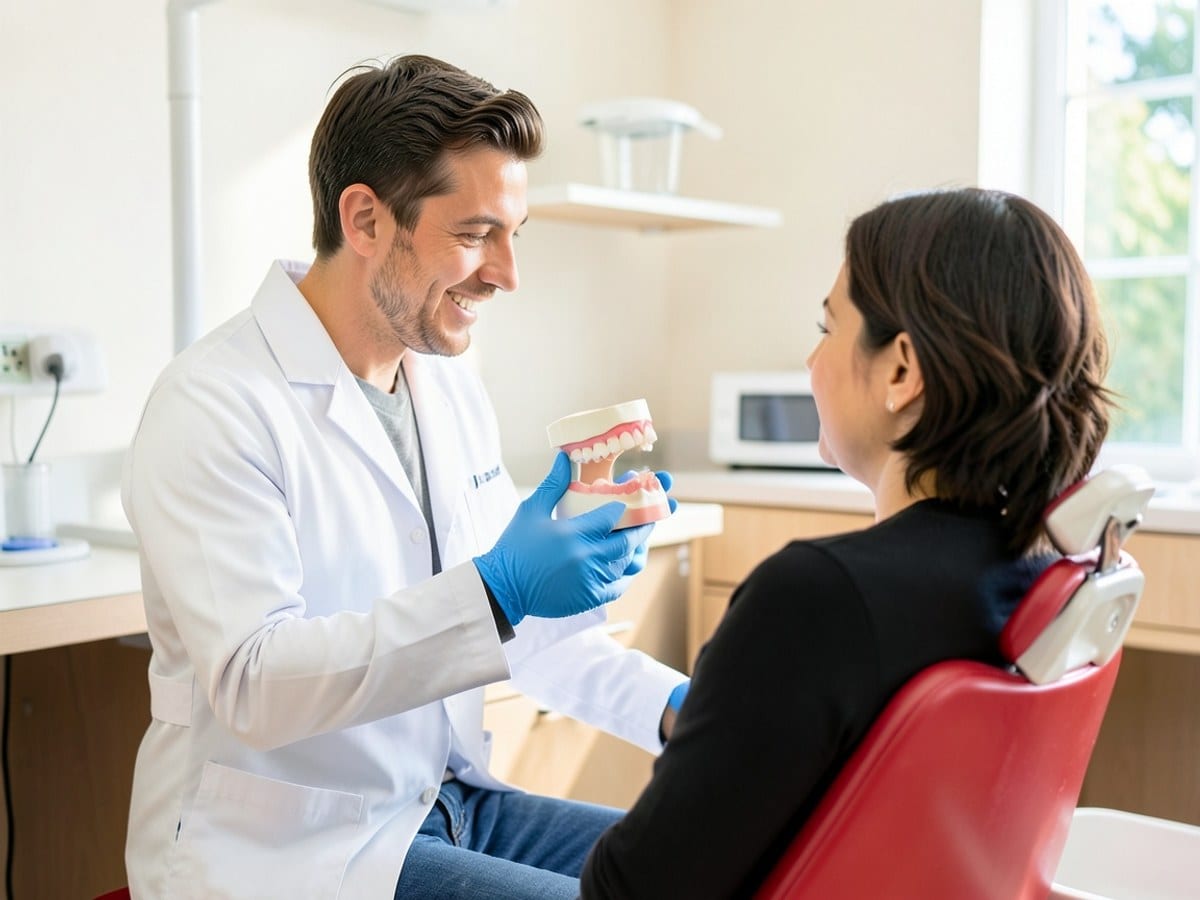 dentist in a white coat and blue gloves holds a dental model, engaging with a patient seated in a red dental chair in a dental office