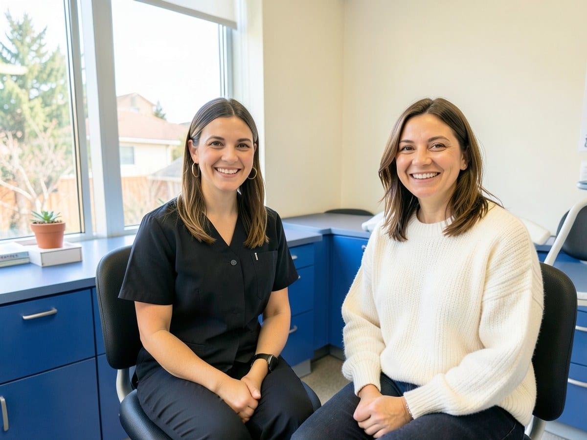 Two women, one in a black uniform and the other in a white sweater, sit in a medical office with blue cabinets and a window offering a view of the outside