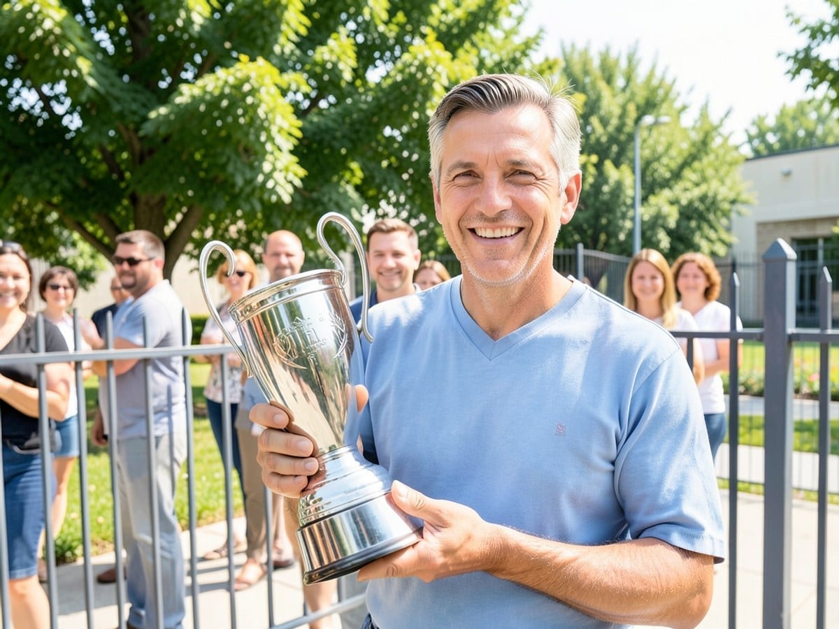 man proudly holds the Stanley Cup, a large silver trophy, in front of a fence, with people and trees in the background