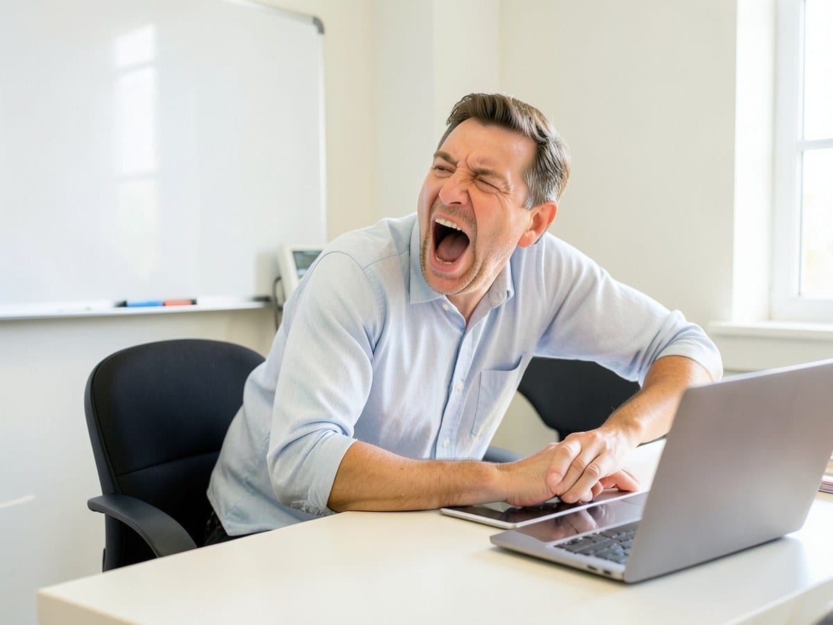 man yawns at a desk in an office with black chairs and a whiteboard, while a tablet and laptop are also present