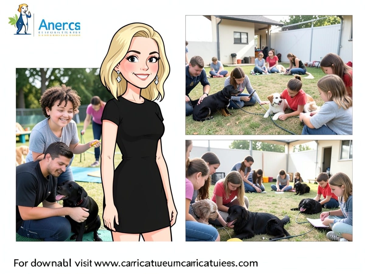 caricature of a woman with blonde hair, wearing a black dress and earrings, and a black dog, with the client's branding and "For download visit www.caricatureuncaricatures.com".
