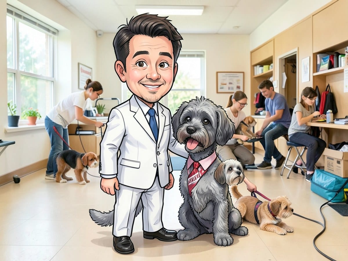 man in a white suit and a gray dog pose for a caricature, promoting the American Kennel Club founded in 1884.