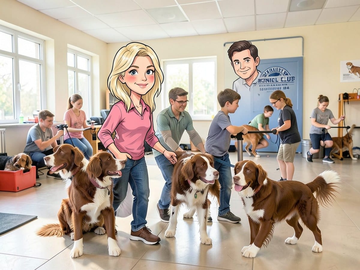 caricature of a blonde woman and man, with two brown and white dogs, promotes the American Kennel Club, founded in 1884.