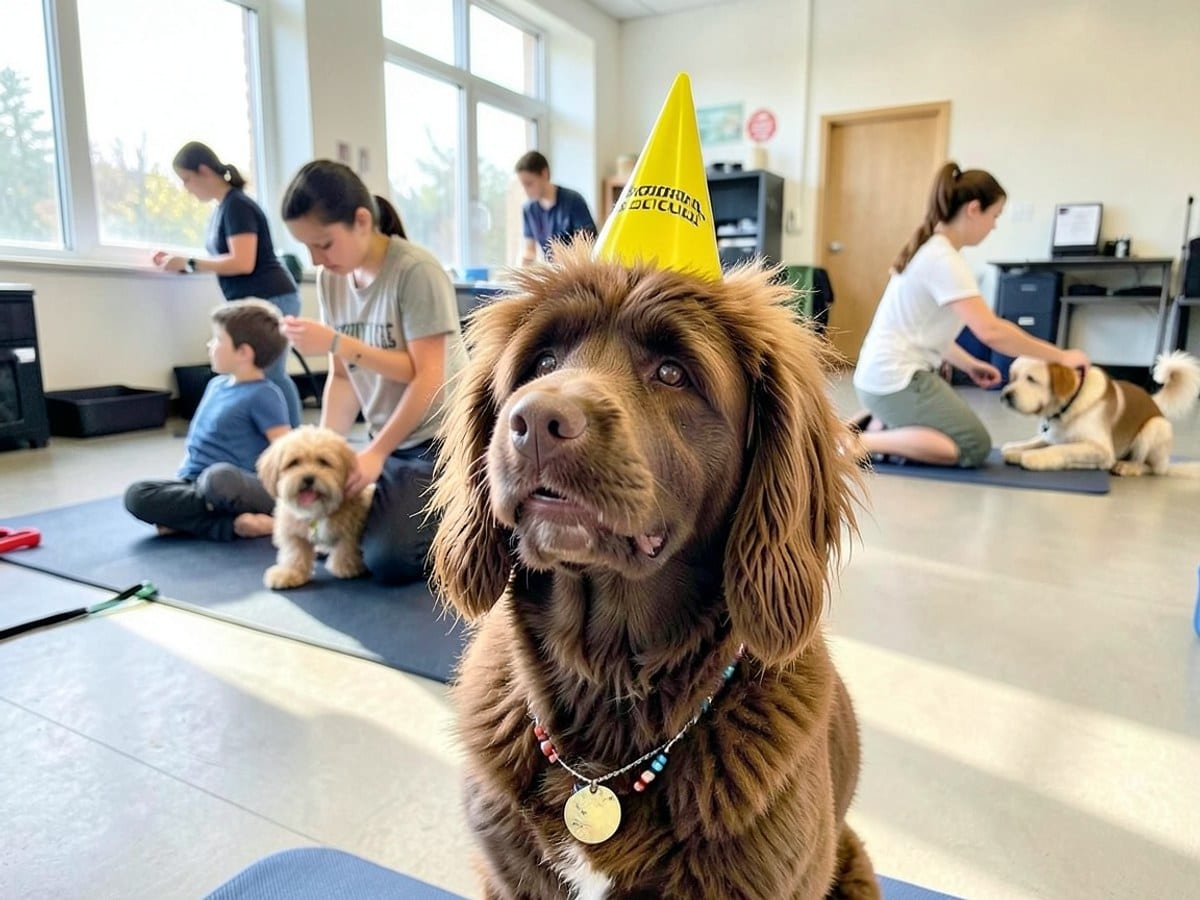 brown dog with a fluffy mane wears a yellow party hat, celebrating its birthday with the American Kennel Club.