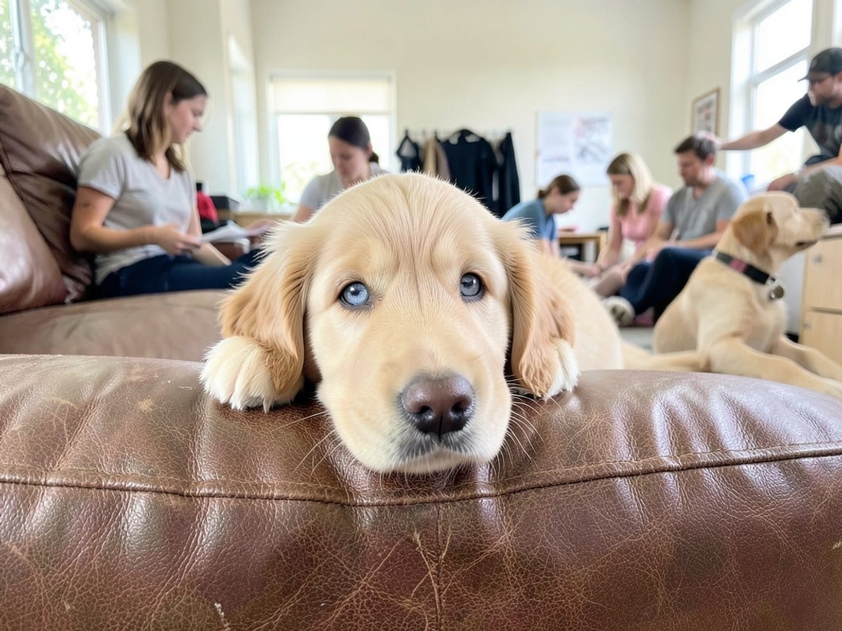 golden retriever puppy with blue eyes lies on a brown leather couch, gazing at the camera with its head resting on the armrest.