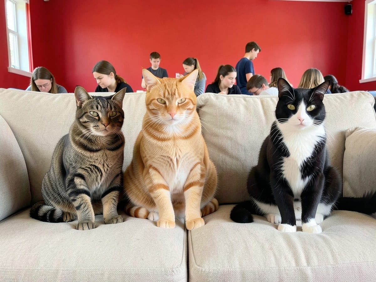 Three cats, including a brown tabby, an orange and black striped feline, and a black and white cat, sit on a beige couch against a red background.