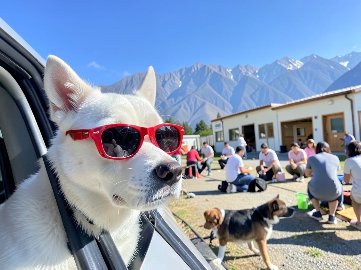 white dog with red sunglasses peers out of a car window, contrasting with the blue sky and majestic mountains in the background.