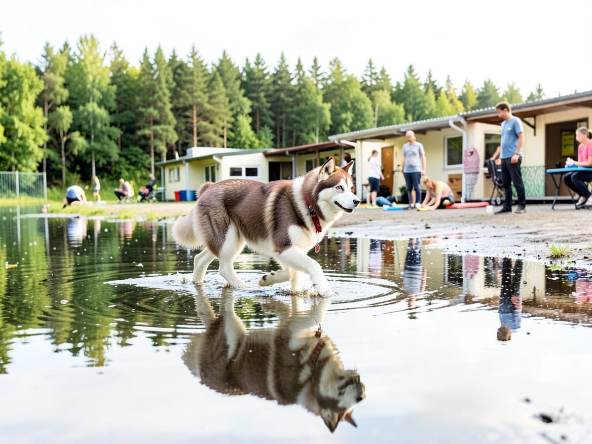 brown and white husky, wearing a red collar, walks on a wet lake creating a reflection, with a line of trees in the distance.