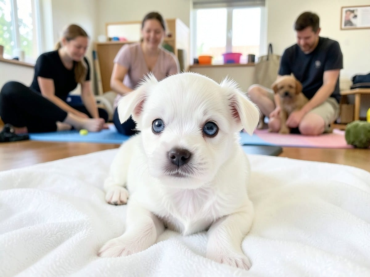 small white puppy with blue eyes rests on a white blanket, gazing at the camera with a curious expression.