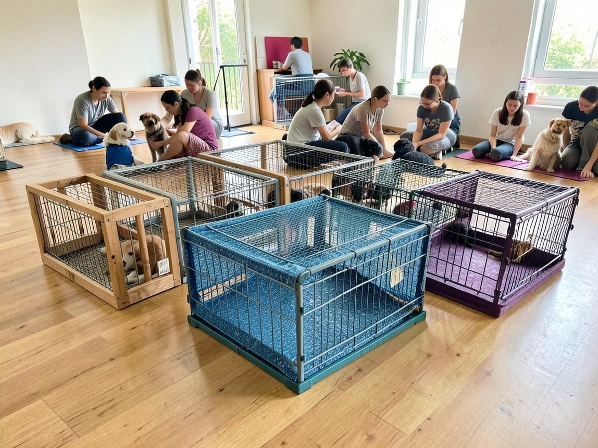 Five pet crates in various colors and designs, including wooden, metal, mesh, and fabric, are arranged in a square formation on a wooden floor.