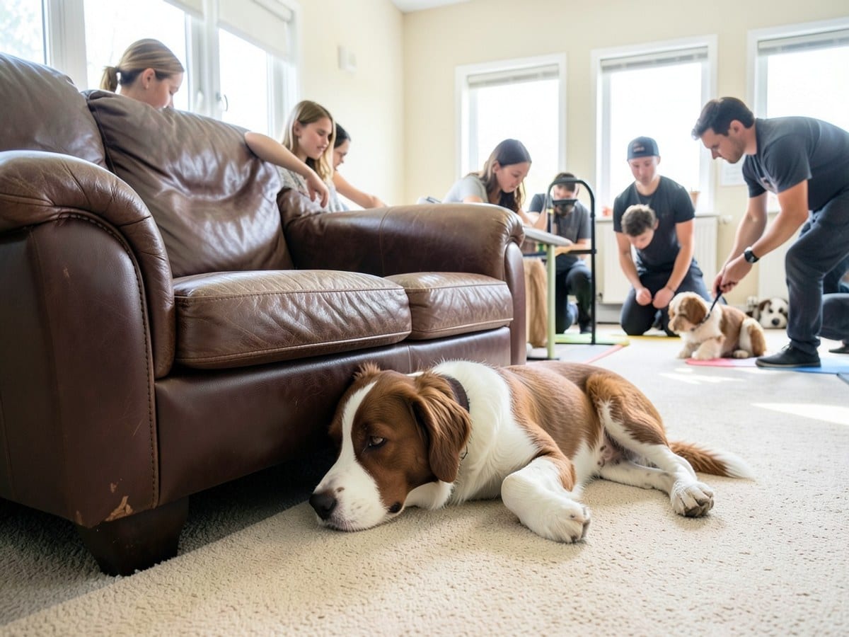 brown and white dog rests under a brown leather couch on a beige carpeted floor.