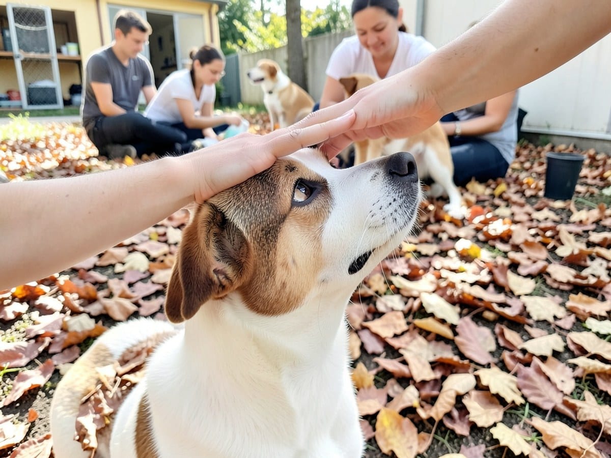 white and brown dog gazes up at a person gently petting its head, surrounded by fallen leaves in a natural setting.