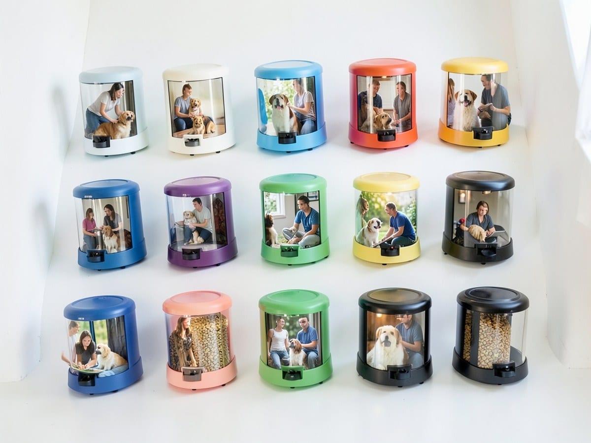 Twelve pet food and water dispensers in various designs, colors, and sizes are arranged in three rows on a white floor, displaying a range of colors from blue to black.