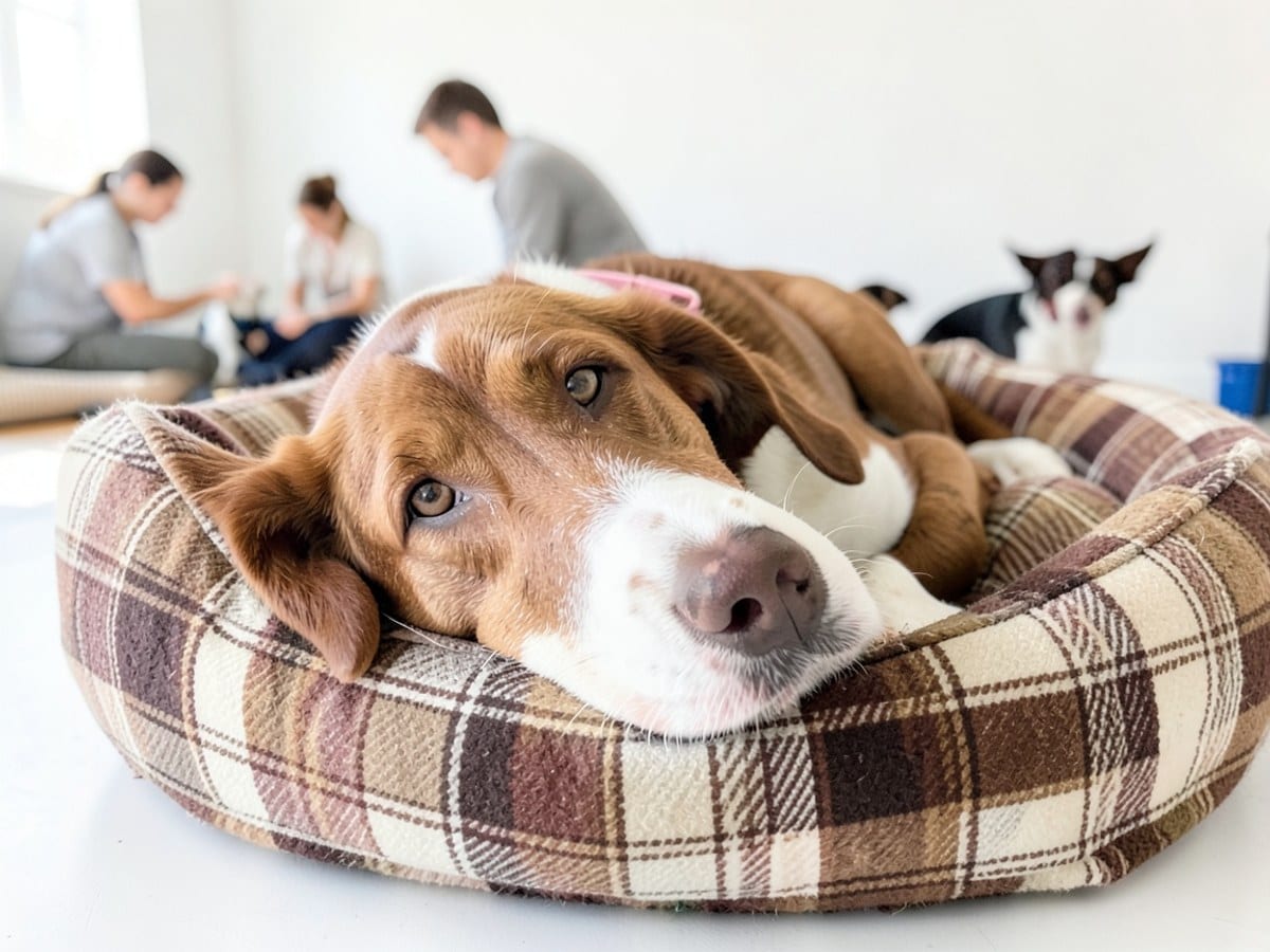 brown and white dog rests its head on a plaid dog bed with a brown and beige plaid pattern and a pink collar, set against a white background.