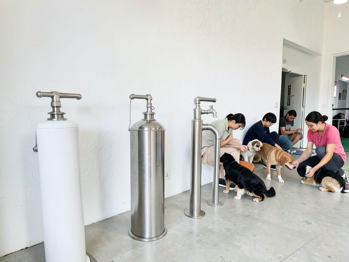 Four water fountains in white, silver, and stainless steel, arranged in a line, are set against a white wall with a subtle pattern.