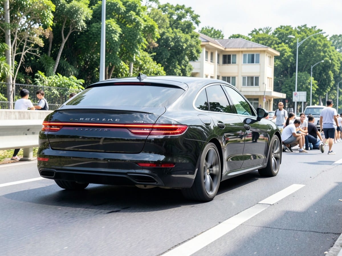 black Porsche Panamera with illuminated taillights drives on a highway, with a building and trees in the background.