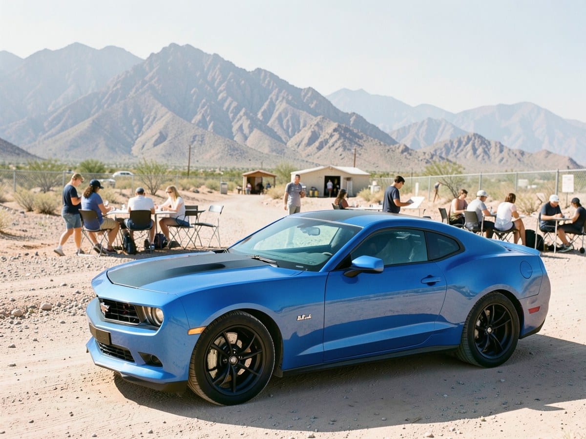 blue Chevrolet Camaro with black racing stripes and roof is parked on a dirt road in a desert, facing left with a mountain range in the background.