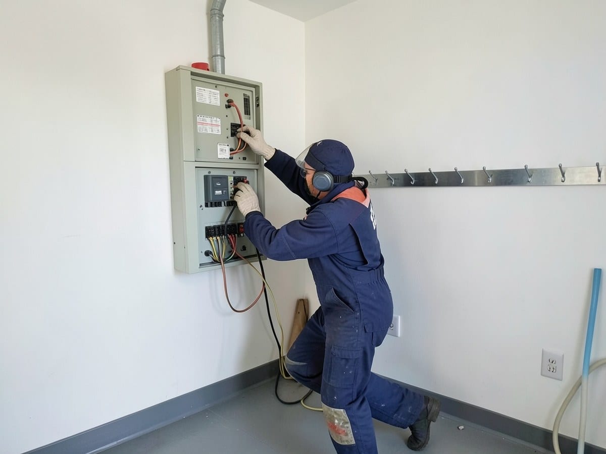 person in protective gear works on an electrical panel in a room with a white wall, gray floor, and metal hookboard