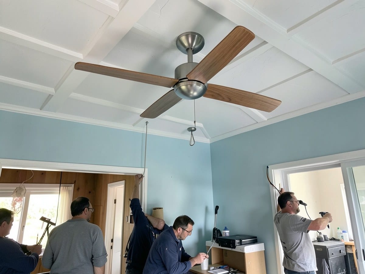 modern ceiling fan with a wooden blade and silver base is suspended from a white coffered ceiling, casting a shadow from a light blue accent wall