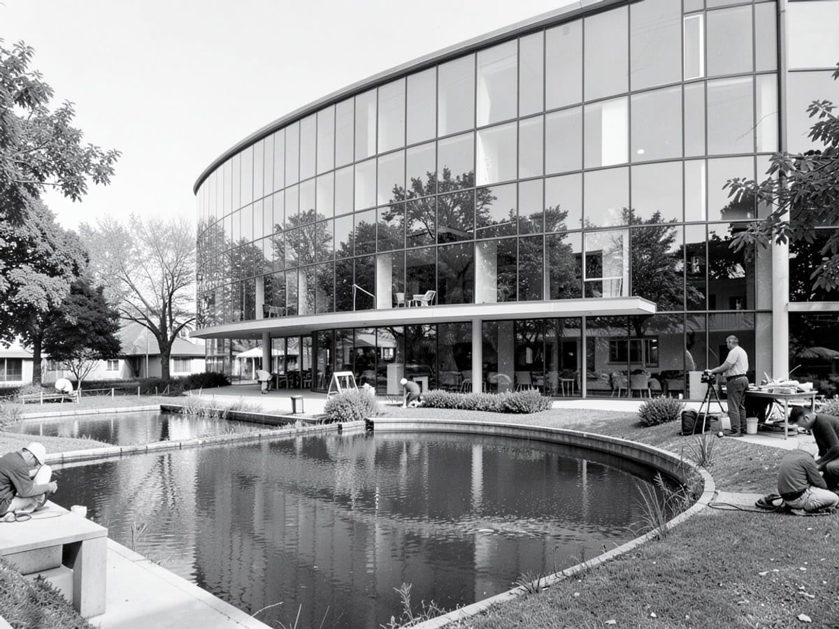 modern building with a curved glass facade reflects surrounding environments, situated near a serene pond and trees in a black and white photograph