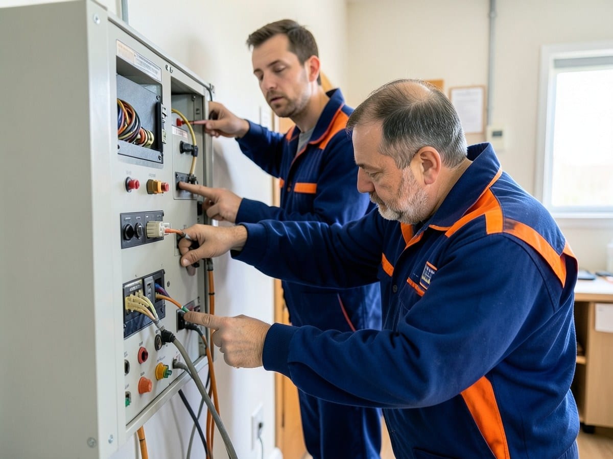 Two workers in blue and orange uniforms perform tasks on an electrical panel, with one pointing and the other working on the controls