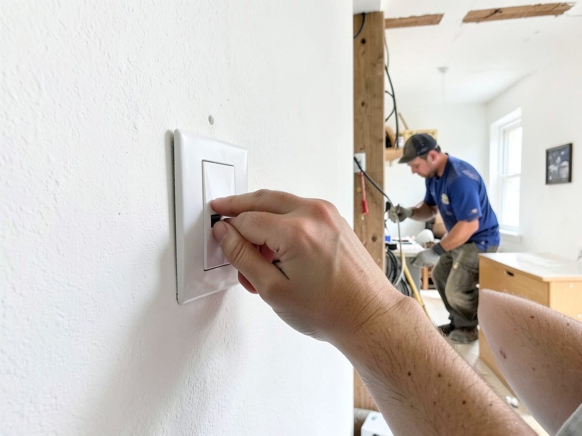 hand turns on a light switch with white walls and a subtle texture, poised for the next step in the lighting process