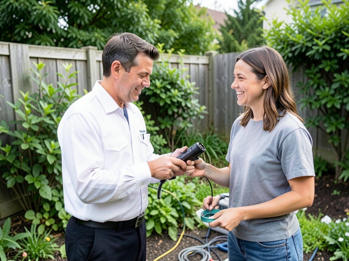 white-clad utility worker demonstrates a tool to a smiling woman in a backyard with lush greenery and a wooden fence