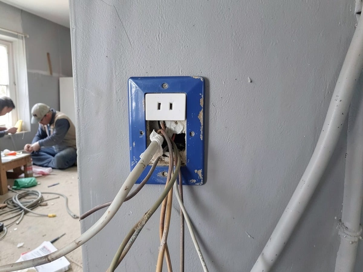 blue electrical outlet is mounted on a gray wall, revealing a tangle of wires and a worn-out cover, with a white electrical outlet cover and a taped-up wire connection