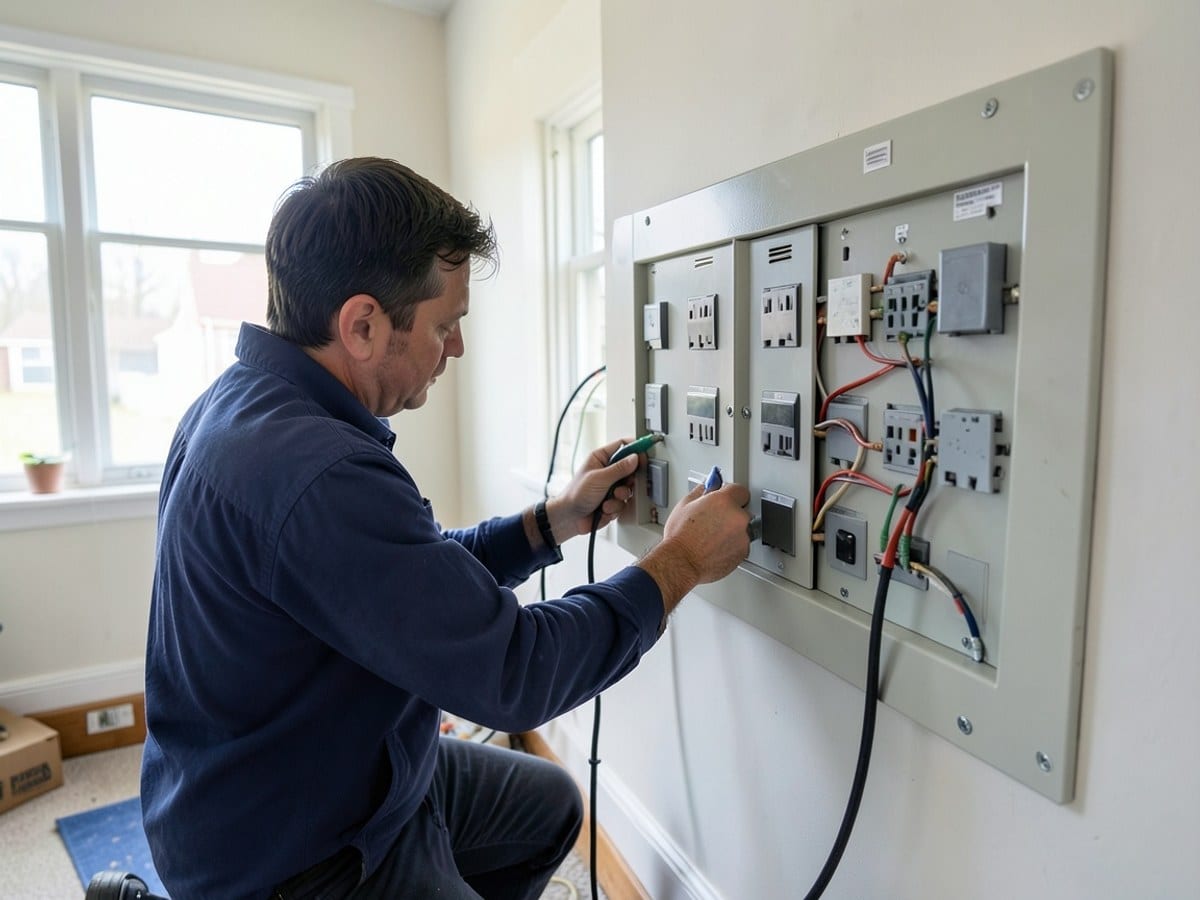 Electrician inspecting a breaker panel