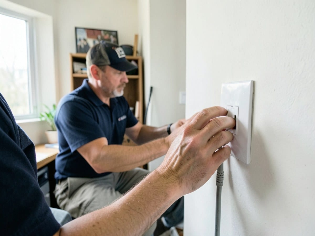 Hands fitting a wall outlet
