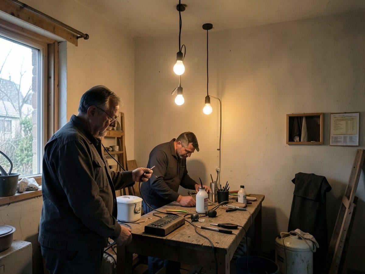 Three light bulbs in a dark room emit a warm glow, casting light on Earthly tones and a soft ambiance