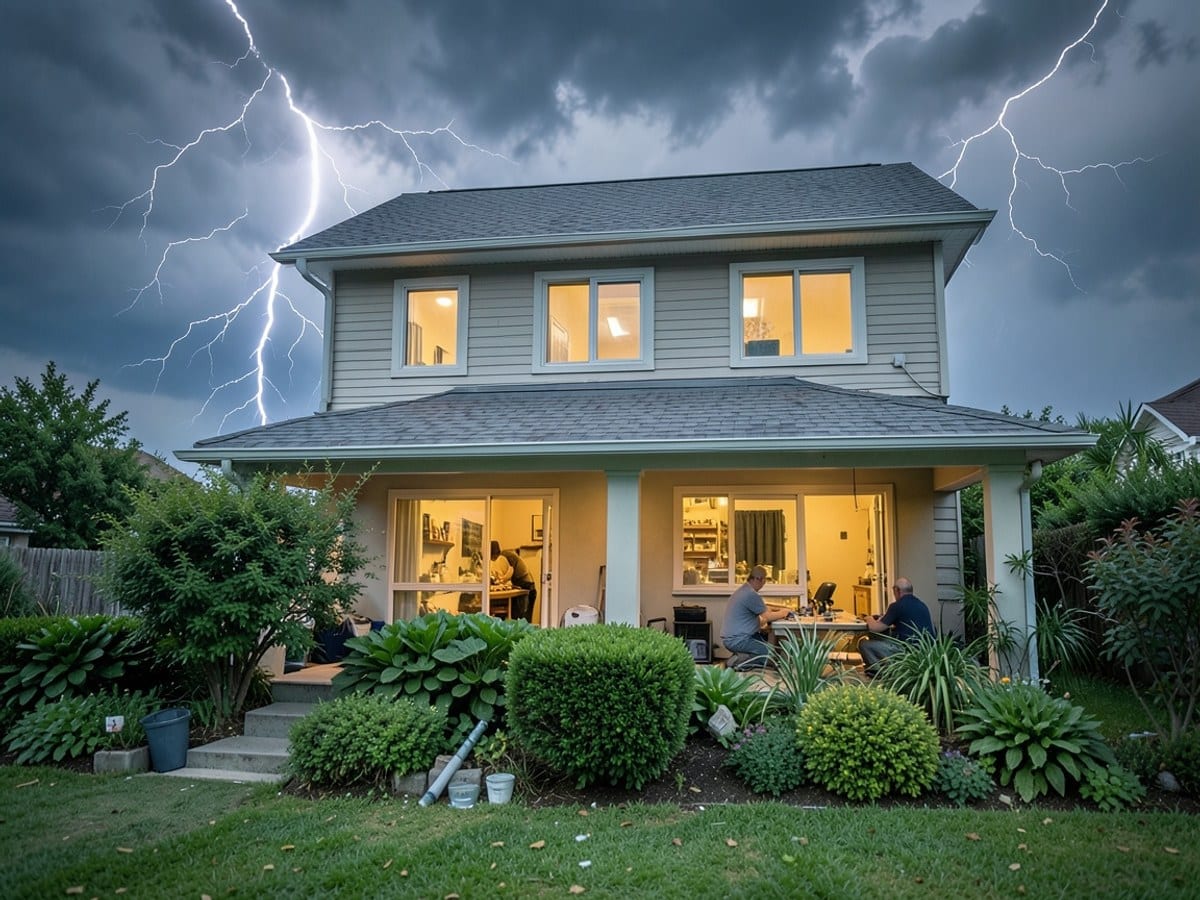 two-story house with a gray roof, warmly lit windows, and lush garden is framed by a dramatic lightning storm
