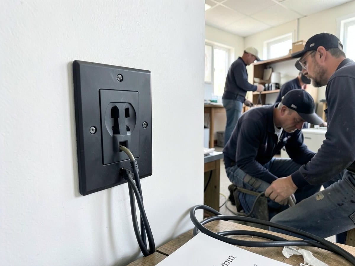 gray electrical outlet with two wires connected to a black cover is mounted on a white wall, with a white book and black cord nearby