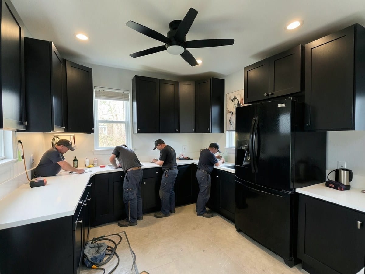 modern kitchen with black cabinets, white countertops, and a large black refrigerator is illuminated by recessed lighting, with a black ceiling fan and abstract painting completing the stylish atmos