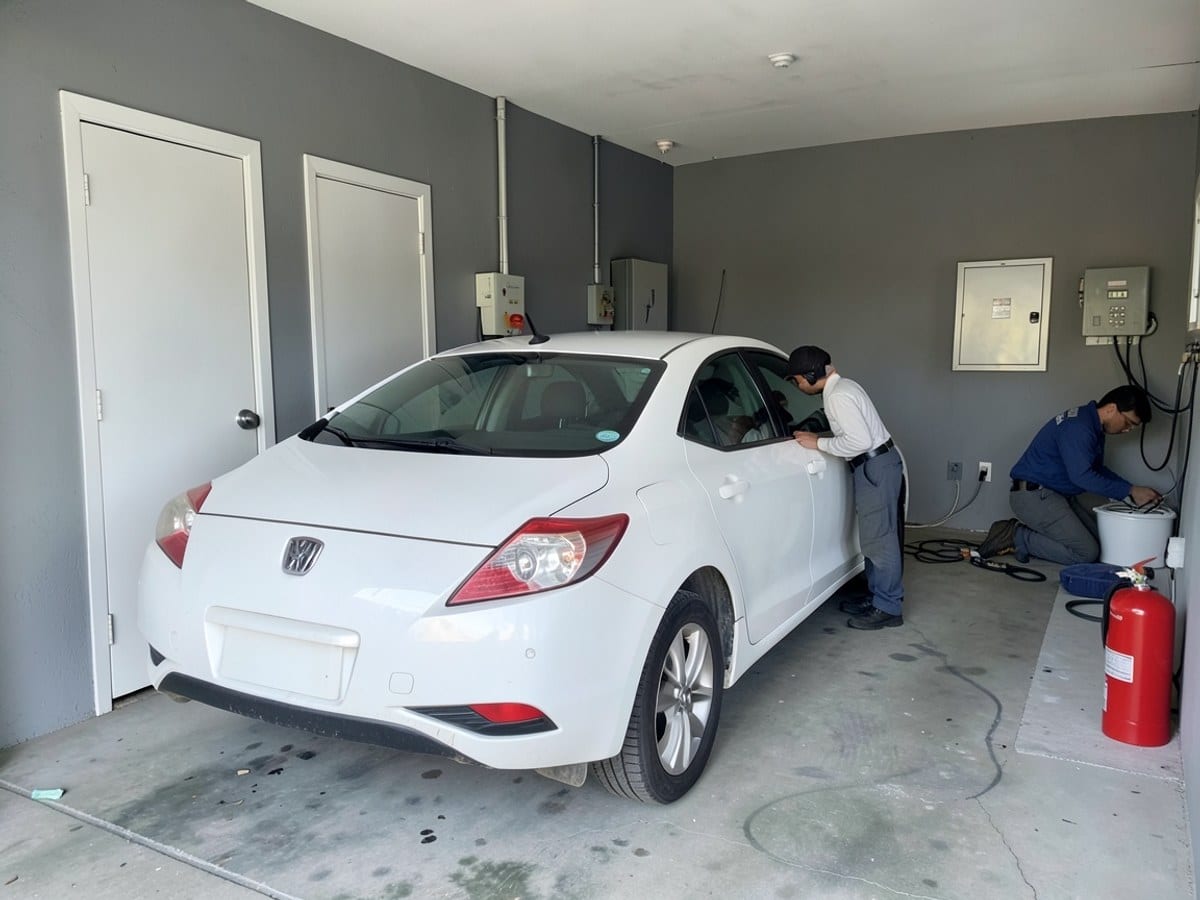 white car is parked in a gray garage with a white door, electrical panel, and concrete floor, accompanied by a red fire extinguisher