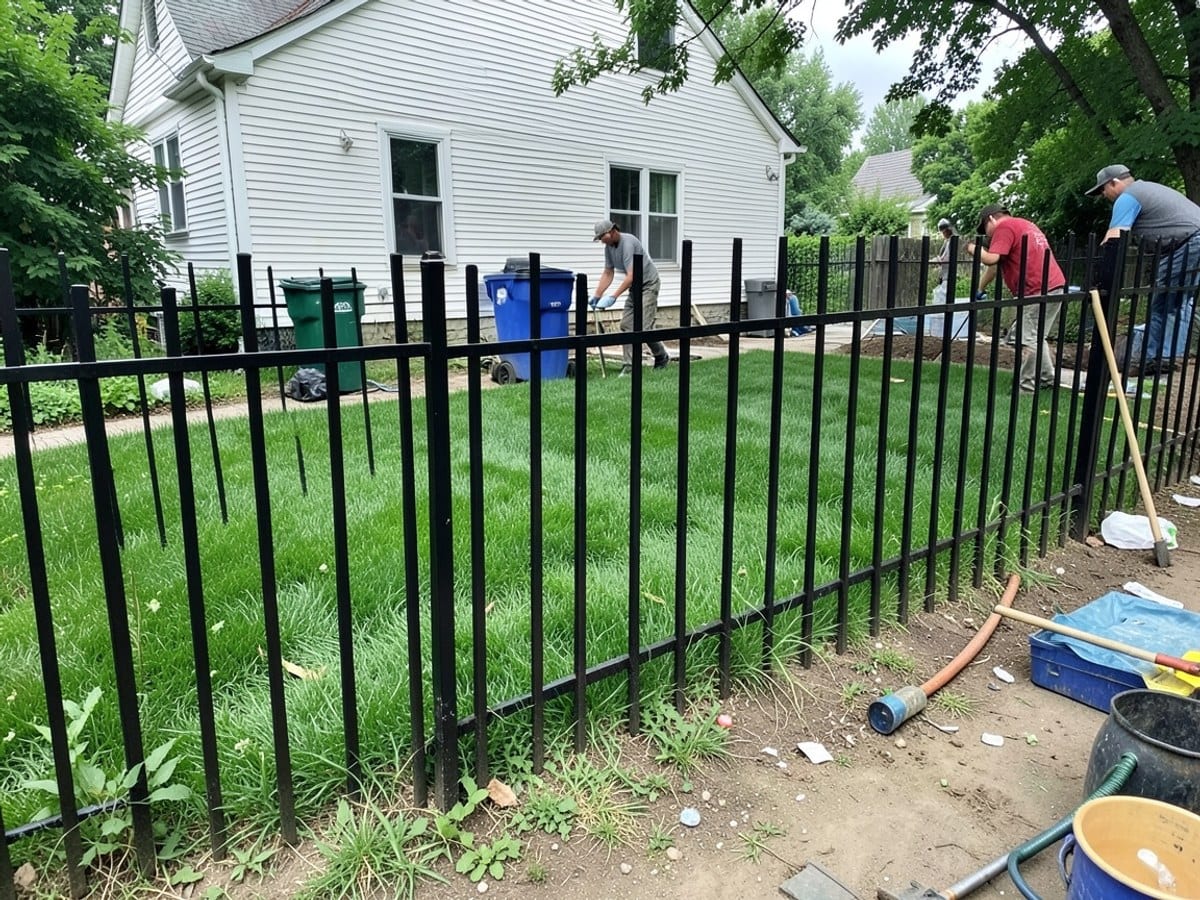 black metal fence encloses a lush green lawn, separating it from a white house and blue trash can visible through the fence.