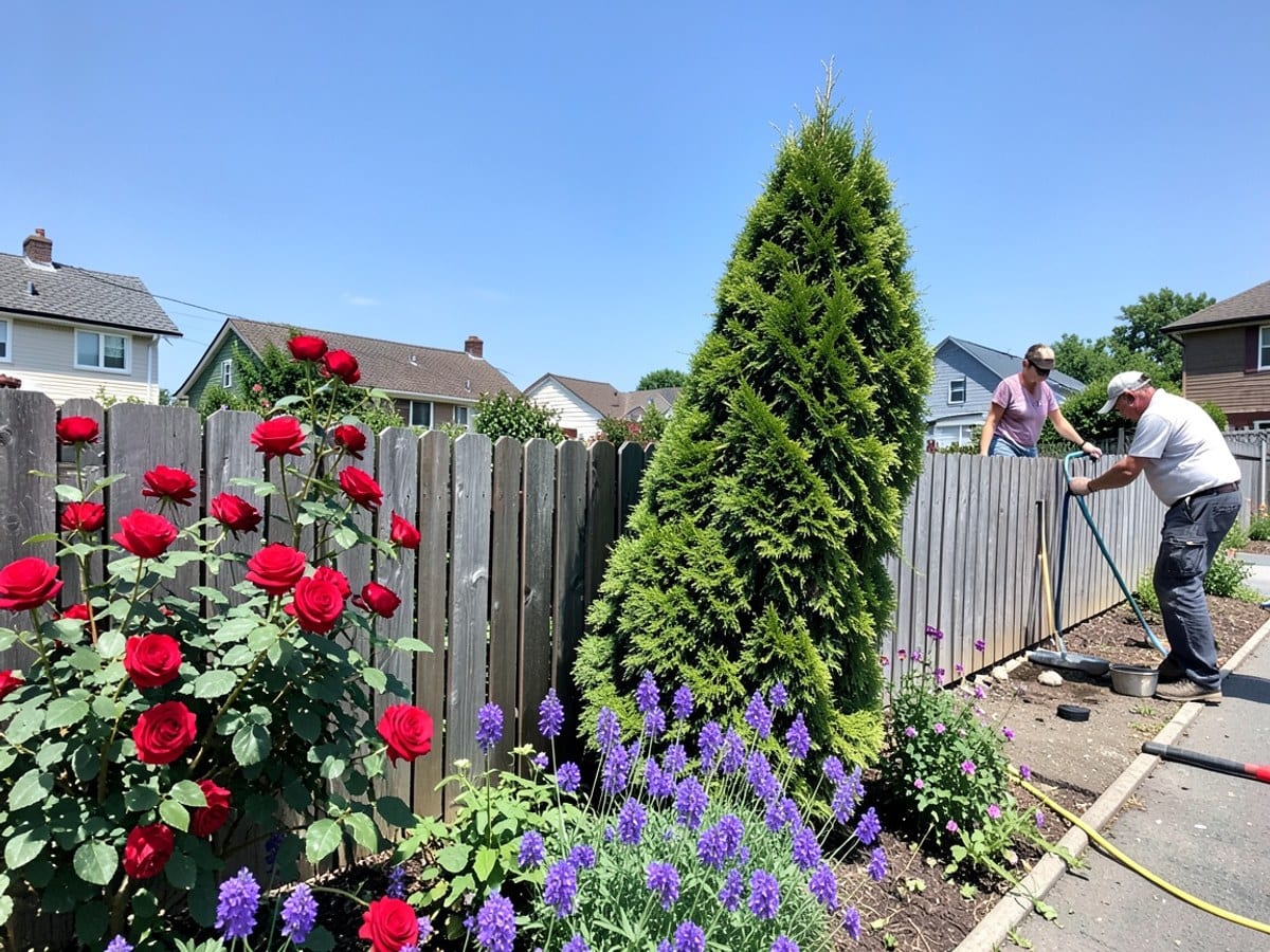 wooden fence encloses a vibrant garden with red roses, purple flowers, and a cone-shaped evergreen tree, set against a clear blue sky.