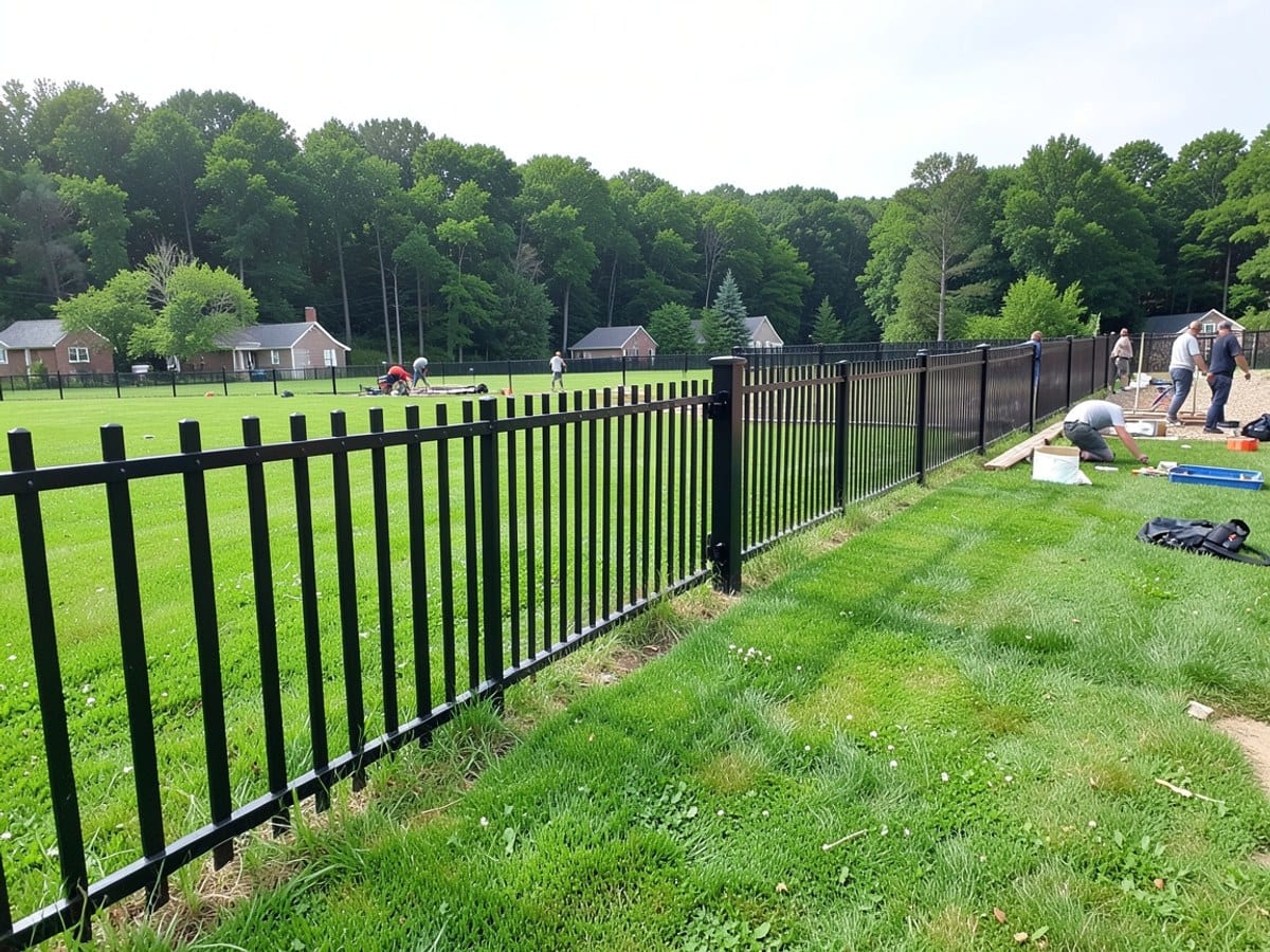 sturdy black metal fence, interrupted by a gate, runs along a lush green lawn, backed by a tree-lined horizon.